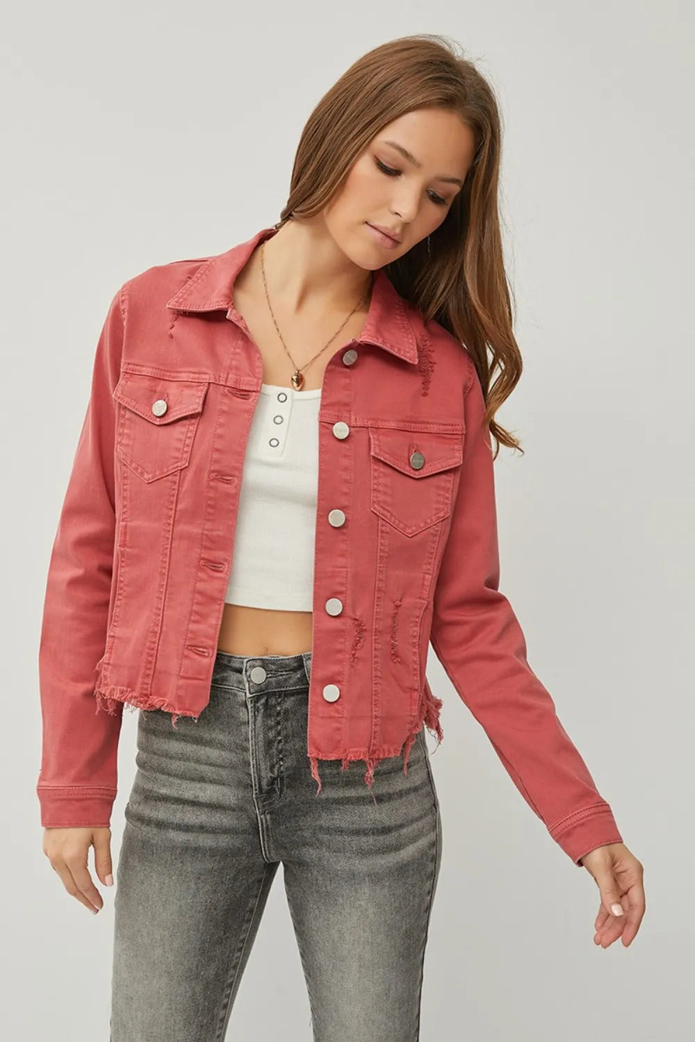 RISEN Full Size Raw Hem Button Up Cropped Denim Jacket Plus Size BRICK d472f2b1-841e-4718-855e-aa0a3e5cb32c-Max