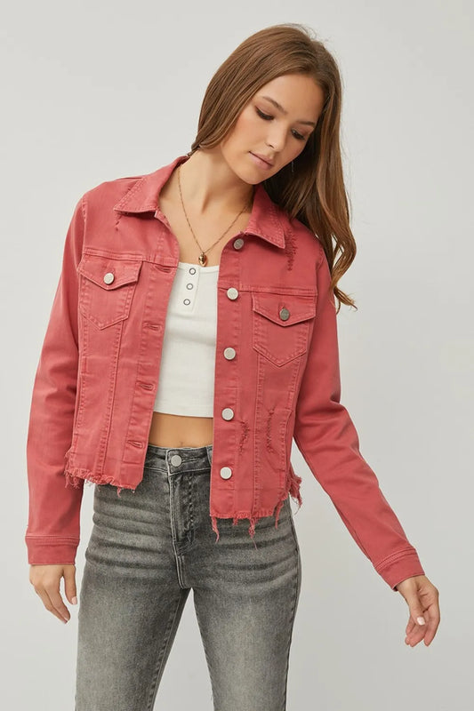RISEN Full Size Raw Hem Button Up Cropped Denim Jacket Plus Size BRICK d472f2b1-841e-4718-855e-aa0a3e5cb32c-Max