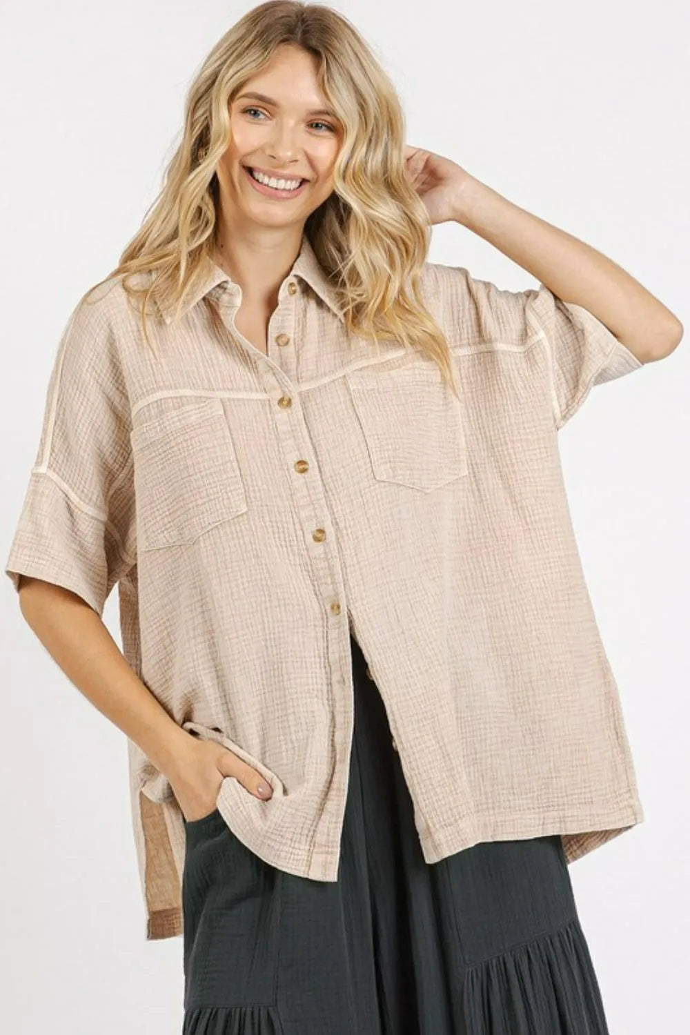 Mittoshop Mineral Wash Gauze Oversized Short Sleeve Shirt Sand d474ae11-5935-4278-8a78-b4c0975fa0c7-Max