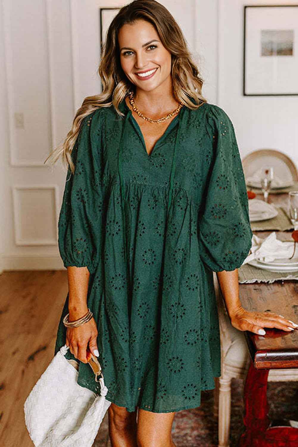 Blackish Green Embroidered Eyelet Pattern Puff Sleeve Mini Dress d477bfbff8d08fd0