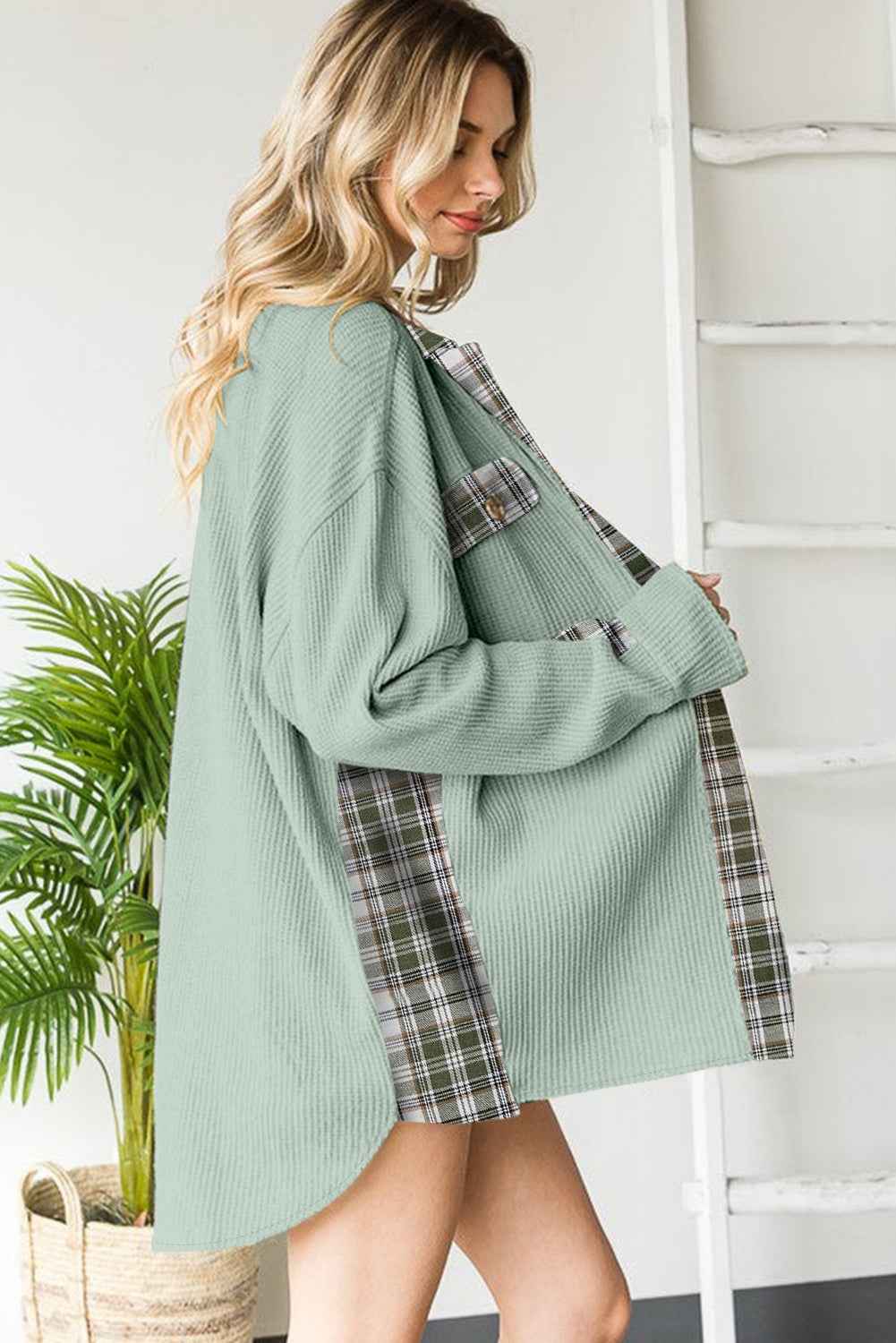 Grass Green Plaid Patchwork Waffle Thermal Knit Shacket d4782e4acb8ab625