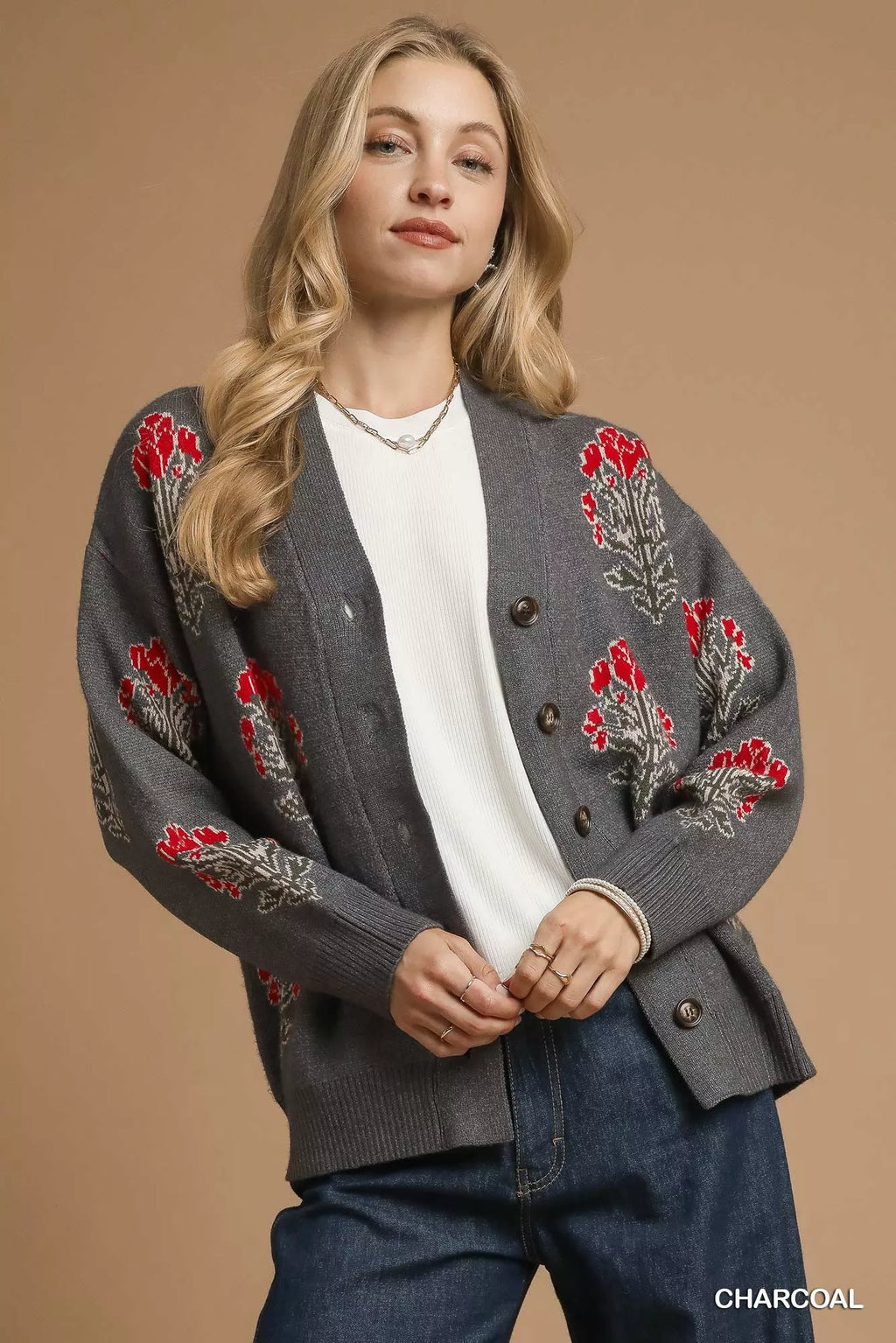 Umgee Single Flower Stem Jacquard Cardigan Sweater CHARCOAL d47ce038-9939-4ec5-8fca-22ffb955f5a4-Max-Origin