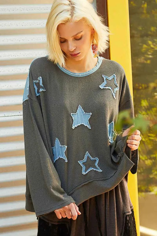 Exposed Seam Relaxed Fit Sweater with Star Denim Patch d47f0ae9-9a7c-4acd-b7db-9913e0f31a30-Max-Origin