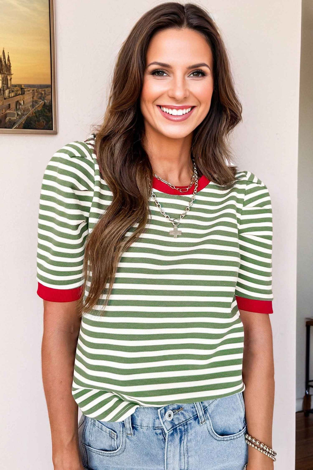 Brown Stripe Short Puff Sleeve Contrast Trim Round Neck Tee d48446b47de432e7