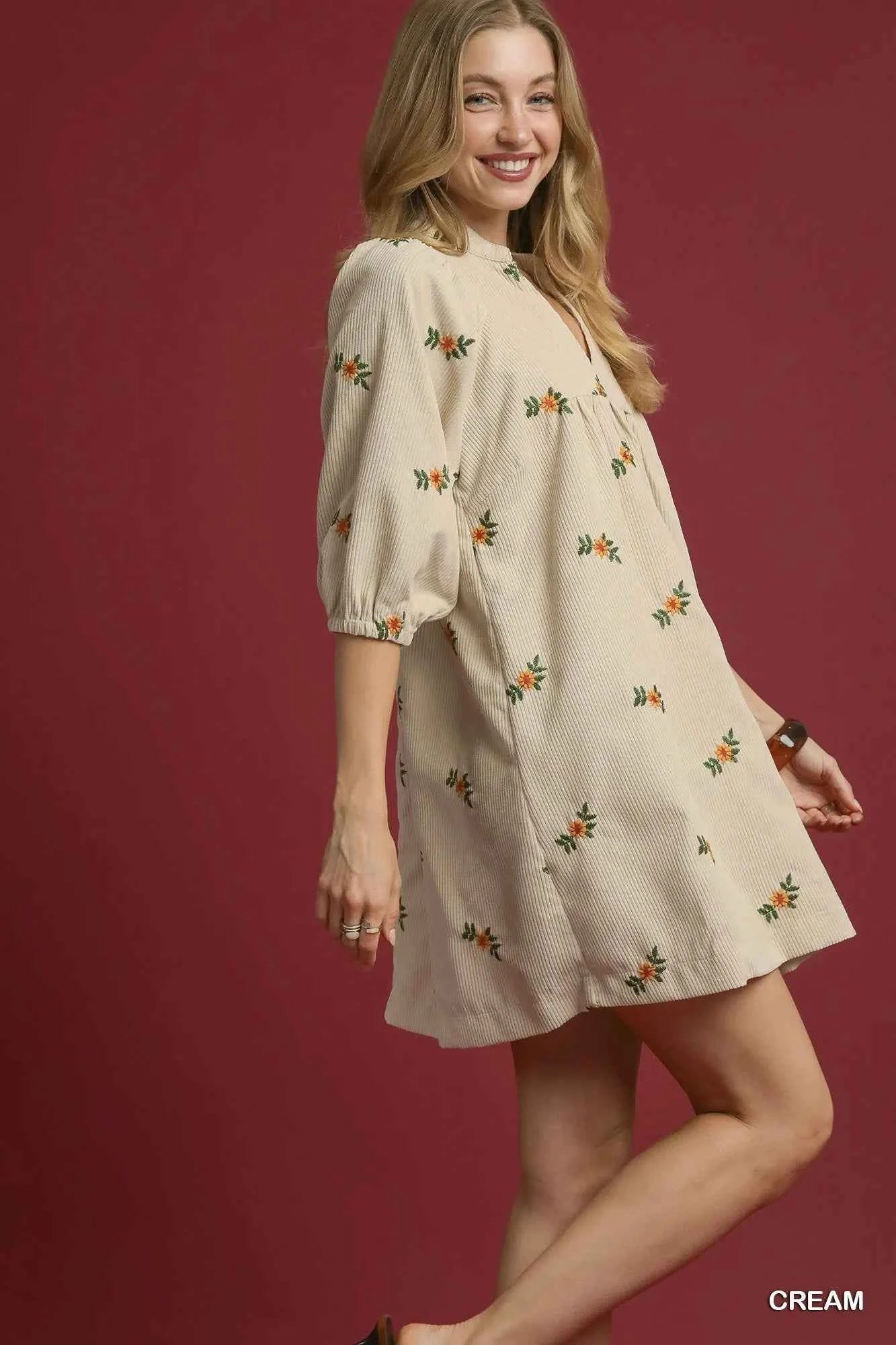 Umgee Corduroy Babydoll Dress with Floral Embroidery d4853576-94f7-42c7-a591-d1b41a90bd64-Max-Origin