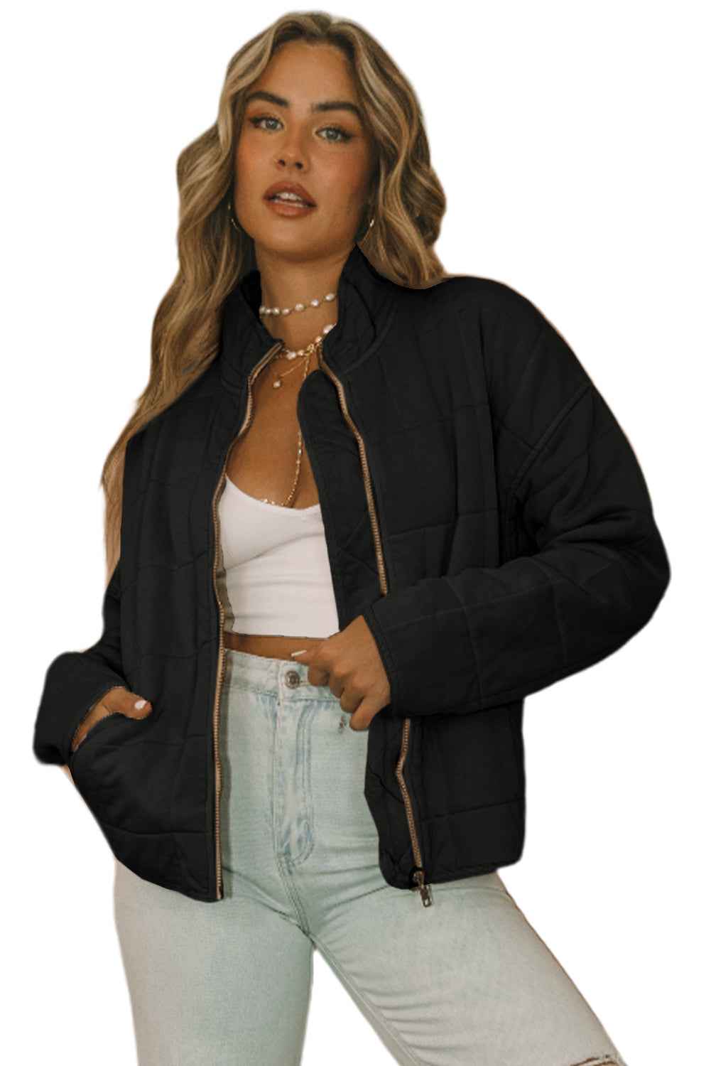 Green Zip Up Pocket Quilted Cropped Jacket d489c5a1057bed9d