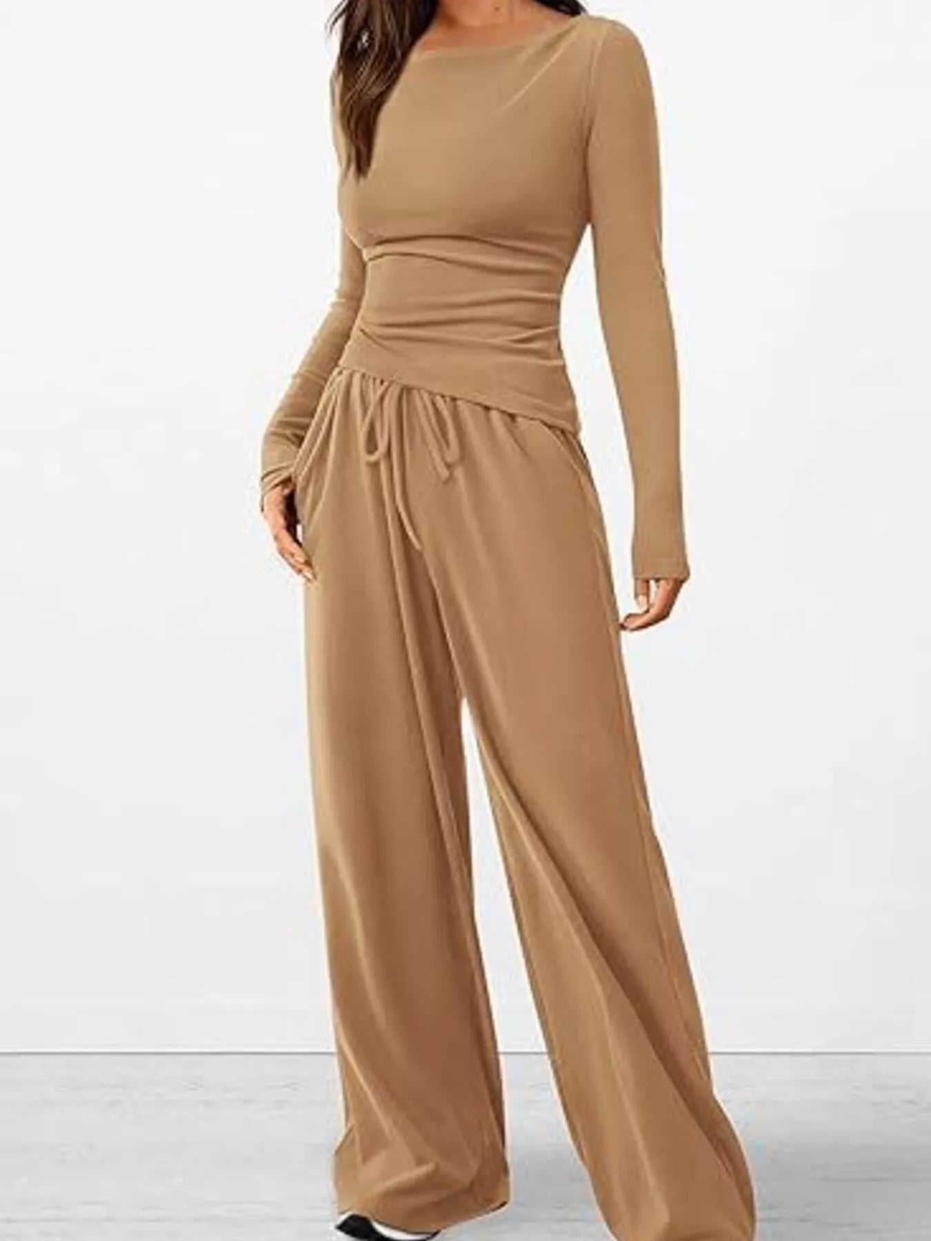 Long Sleeve Top and Wide Leg Pants Set Khaki d48d56c6a7f34a1f89754544e53a0b7f-Max-Origin