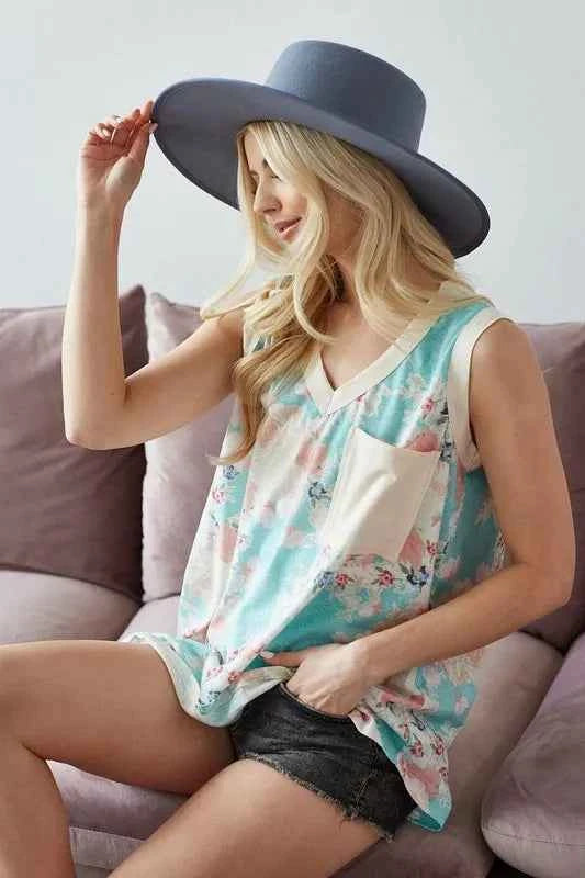 BiBi Multi Color Flower Printed Tank with Contrast Band d48d9e1aabf746c58000e23c3d3fee25-Max-Origin