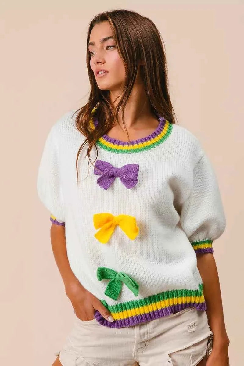 BiBi Short Puff Sleeve Ribbon Bow Mardi Gras Sweater d49536f41acb4f77a77f194f24ce613a-Max-Origin