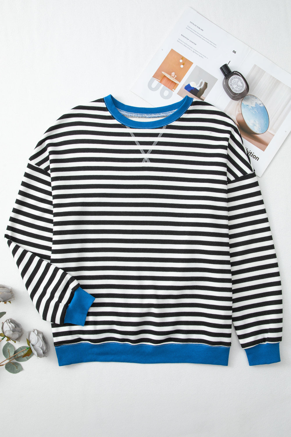 White Striped Contrast Trim Drop Shoulder Sweatshirt d497974e2864aa74