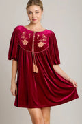 Umgee Embroidered Half Sleeve Velvet Mini Dress with Tassel Burgundy d4980a3f-d0a9-4904-8ce4-d8f895fac409-Max
