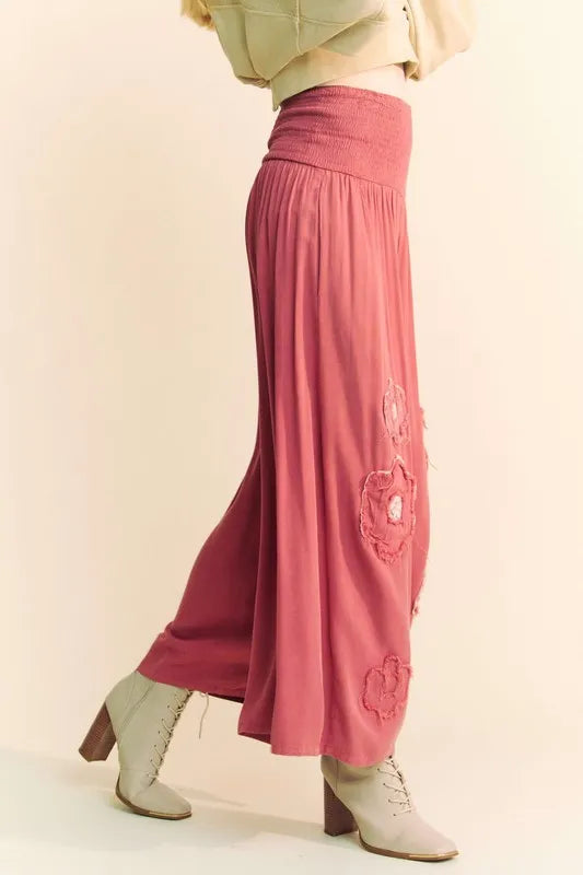 Smocked Waist Flower Patch Wide Leg Pants d49ca72e-60a9-4992-8645-3146abf3028a-Max