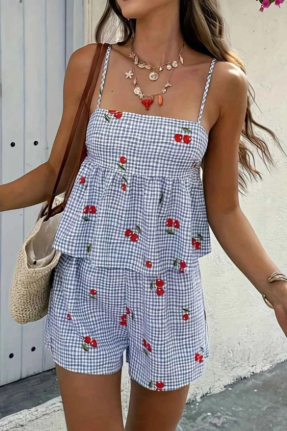 Floral Gingham Print Cami and Shorts Two-Piece Set Light Blue d49f0035-f181-4ba6-bbf2-ee746f52e320-Max-Origin