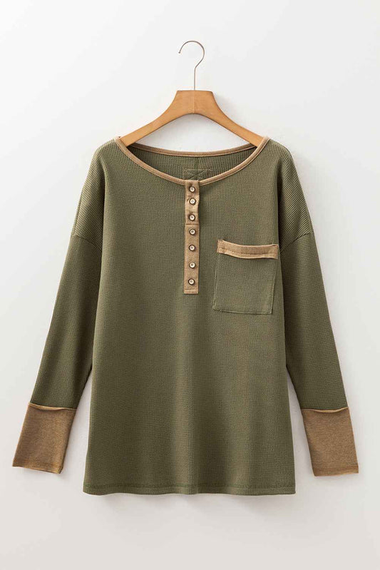 Vineyard Green Waffle Textured Patchwork Tunic Henley Top d4a2c583b1a2b3ab