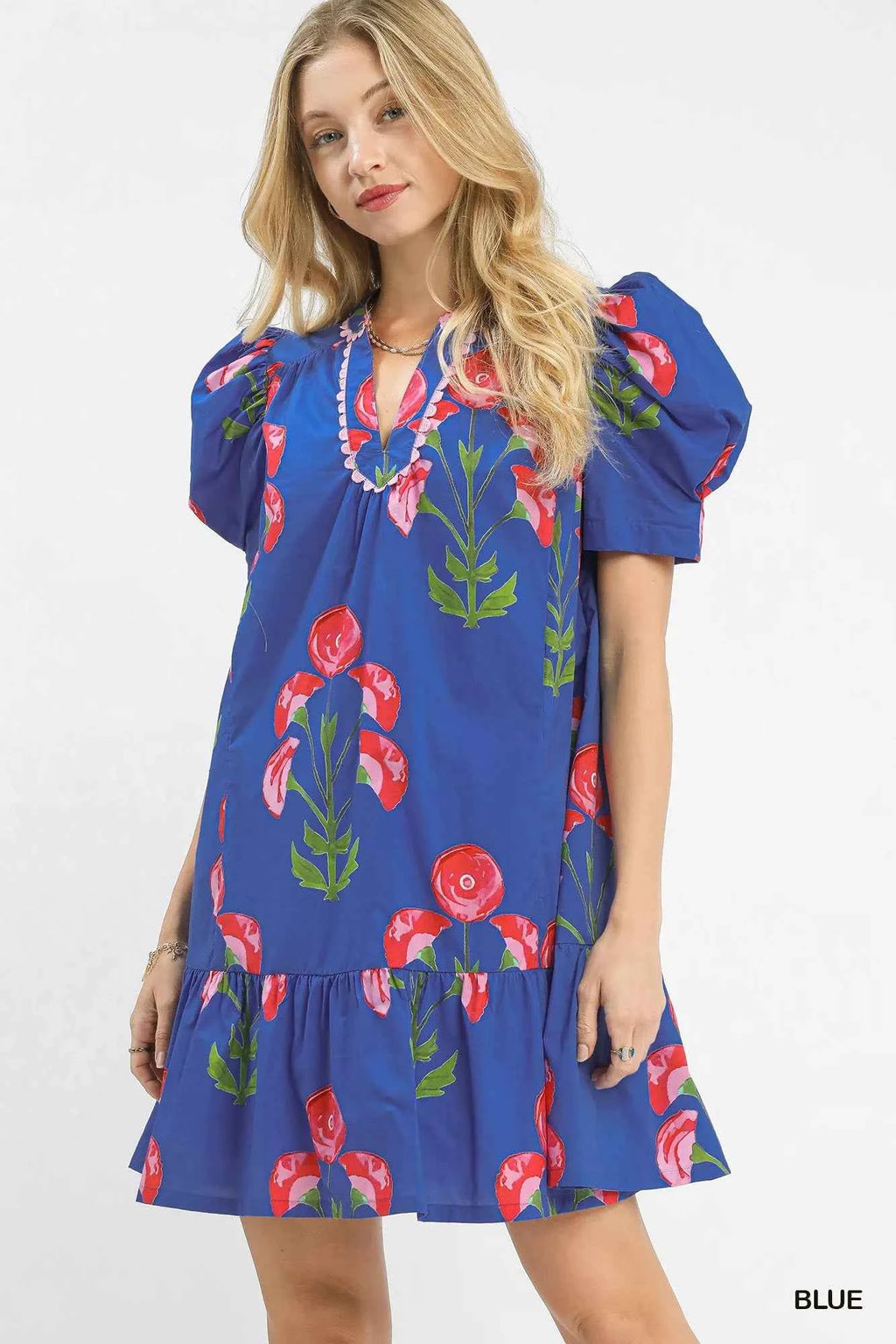 Umgee Floral Print Puff Sleeve Mini Dress with Scallop Trim BLUE d4a5f875-a661-4ef6-922a-db353eb7cf33-Max-Origin