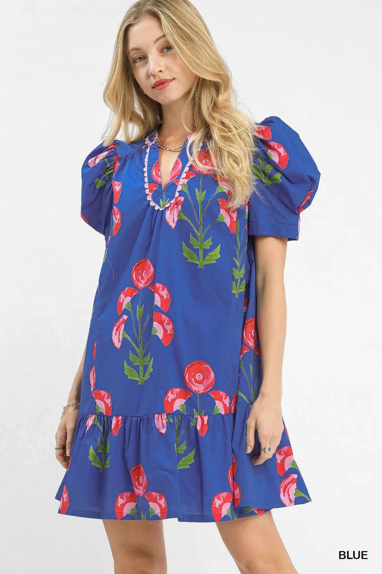 Umgee Floral Print Puff Sleeve Mini Dress with Scallop Trim BLUE d4a5f875-a661-4ef6-922a-db353eb7cf33-Max-Origin