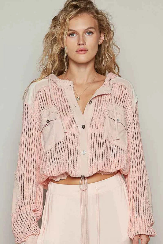 POL Texture Woven Button Down Hooded Shirt with Drawstring Hem PEACH MULTI d4ae9579-0191-40eb-a6d2-803876f6077b-Max-Origin