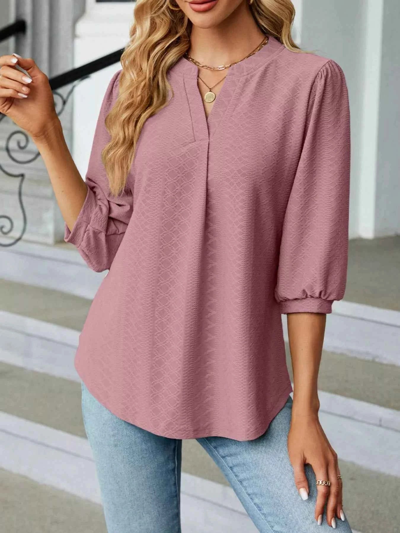 Notched 3/4 Sleeve Casual Top d4ae9a09-5516-47c5-b7d7-a6c351e1f025-Max-Origin