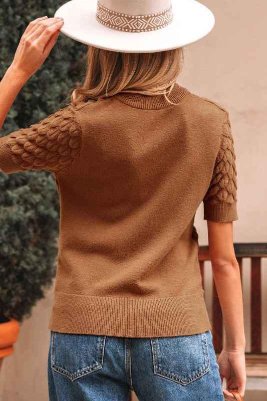 Fish Scale Textured Knit Short Sleeve Sweater d4b16750-8991-48c9-8557-97a4151071d8