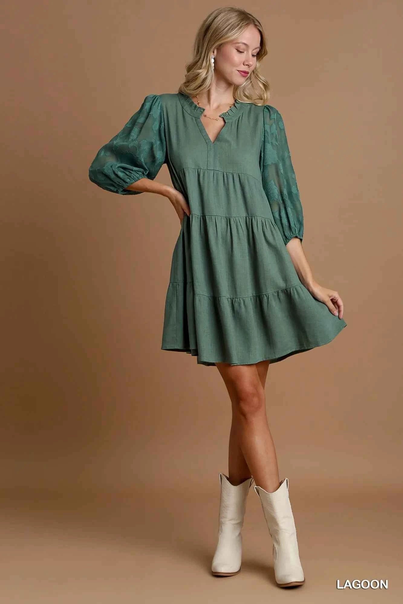 Umgee Floral Contrast Sleeve Tiered Dress d4b8f9b5-c66e-40bd-8c66-39d027108c0f-Max-Origin