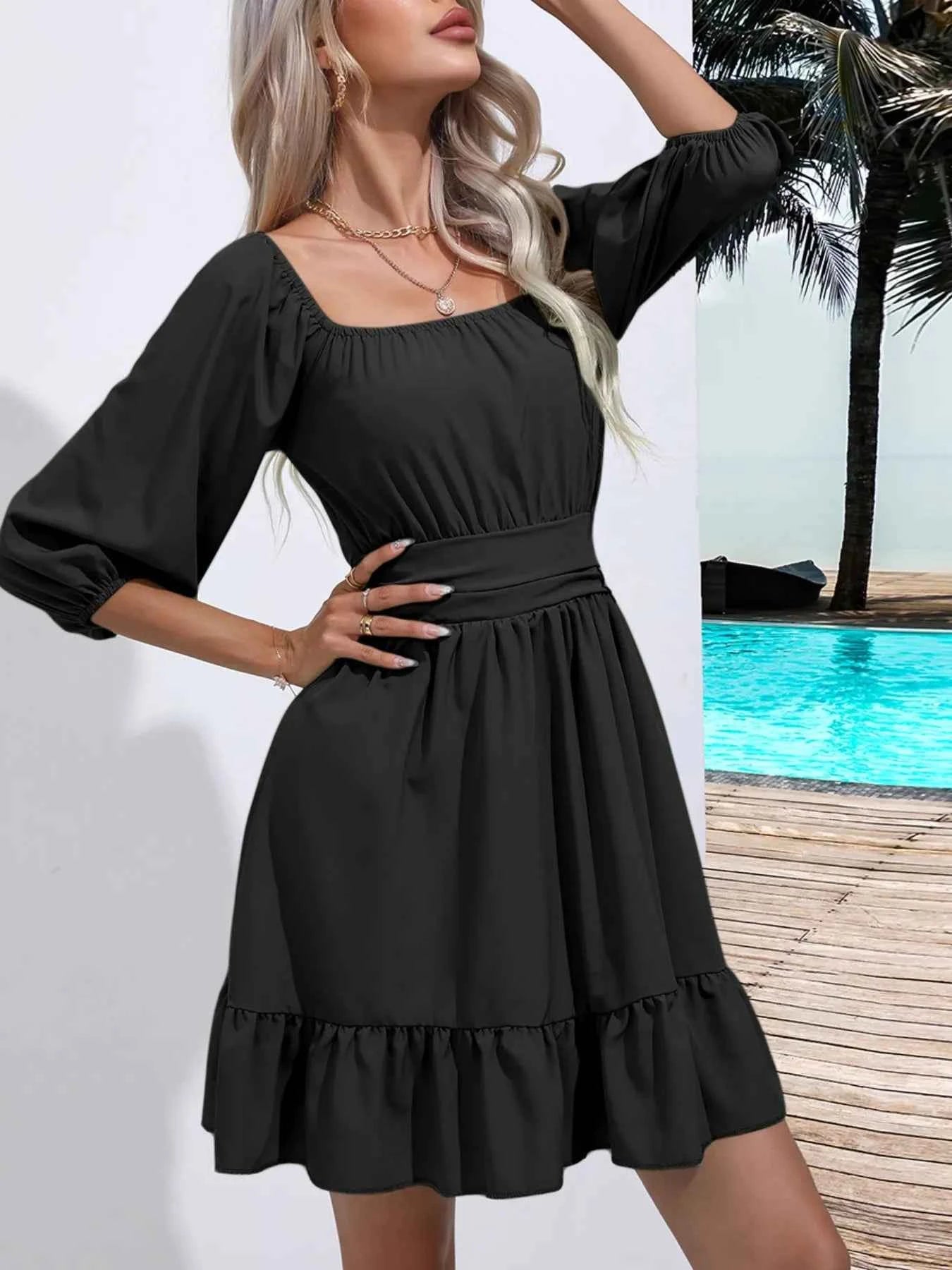 Tie Back Ruffled Hem Square Neck Dress d4b92099-6f33-4656-b887-b9e25297c100-Max-Origin