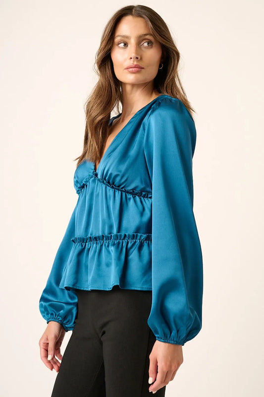 Satin V Neck Ruffled Tier Blouse d4bb19dc-bfd6-4696-b745-3b2216e26574-Max