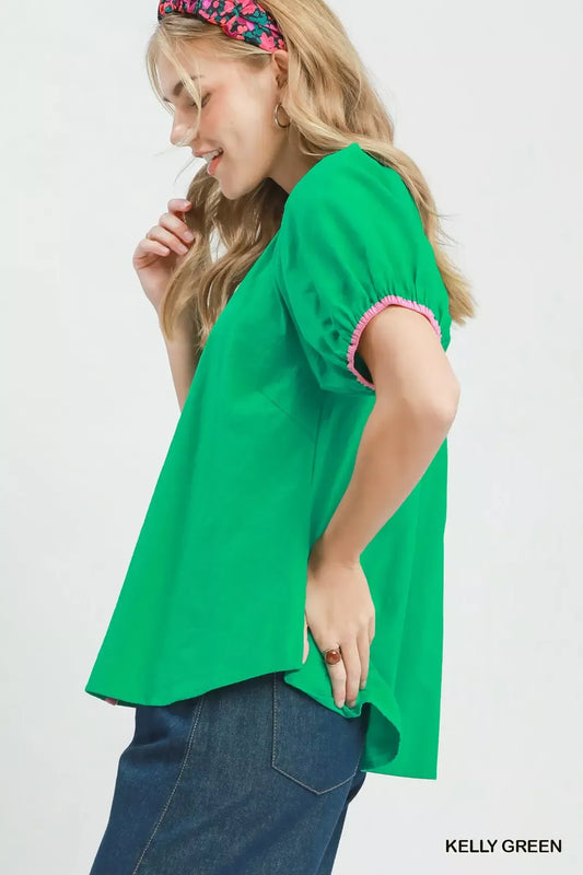 Contrast Trim Button Front Puff Sleeve Blouse d4be997d-8568-48f5-8055-1a7861c6726d-Max-Origin