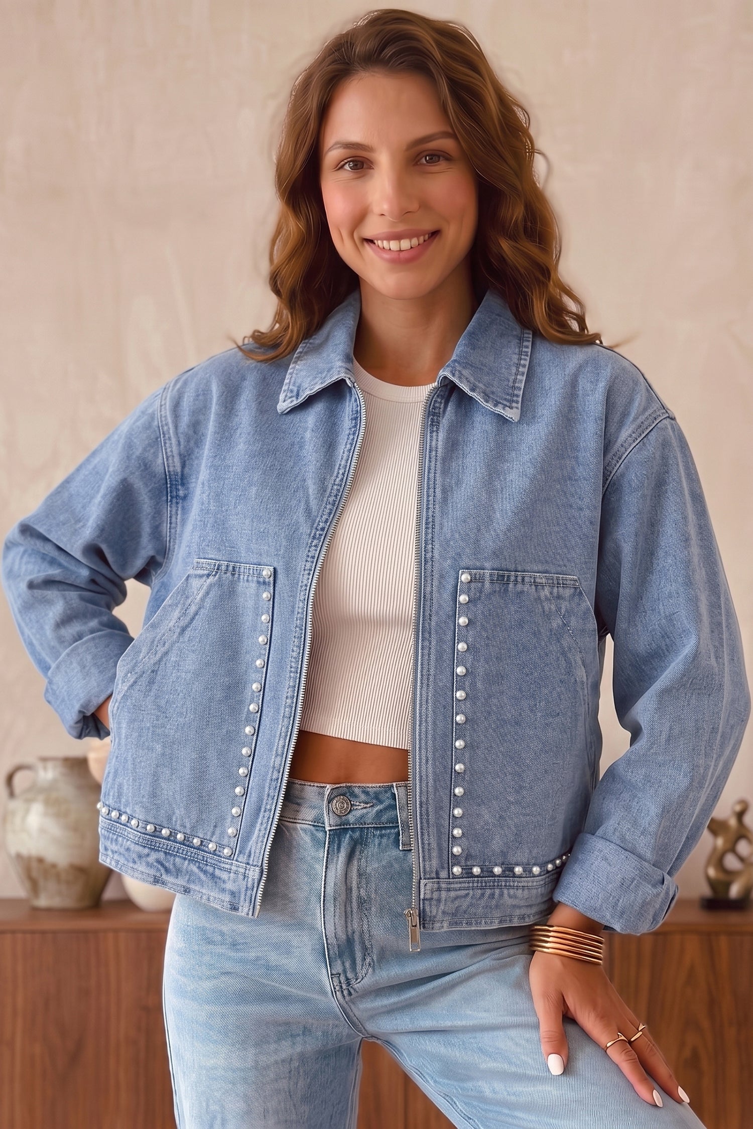 Beau Blue Studded Metal Zipper Rivet Pockets Long Sleeve Denim Jacket d4c1350265f5b6e1