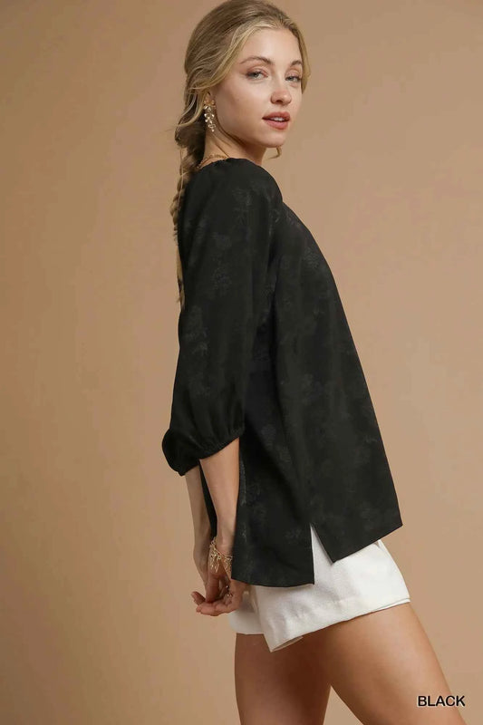 Satin Jacquard Balloon Sleeve Blouse d4c67433-4966-42ea-a199-616b718040fa-Max-Origin