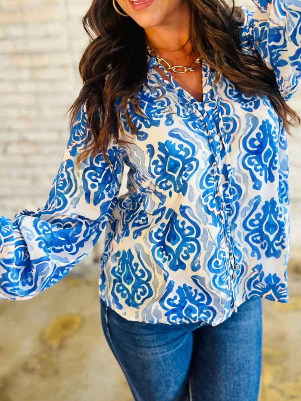 Printed Tie Split Neck Button Front Puff Sleeve Shirt d4cb4264-28b3-4ea3-b0ea-5b9f9fa9ff62-Max-Origin