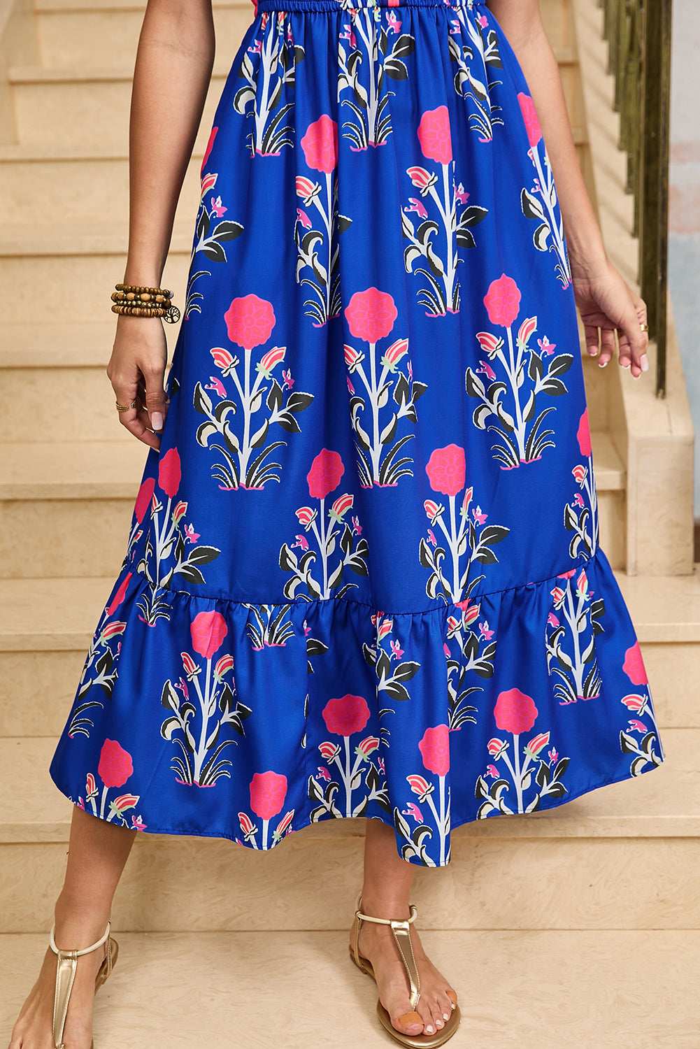 Blue Floral Ruffle Hem Pop of Color Neckline Dress d4d44e5ffa6a47df-_16