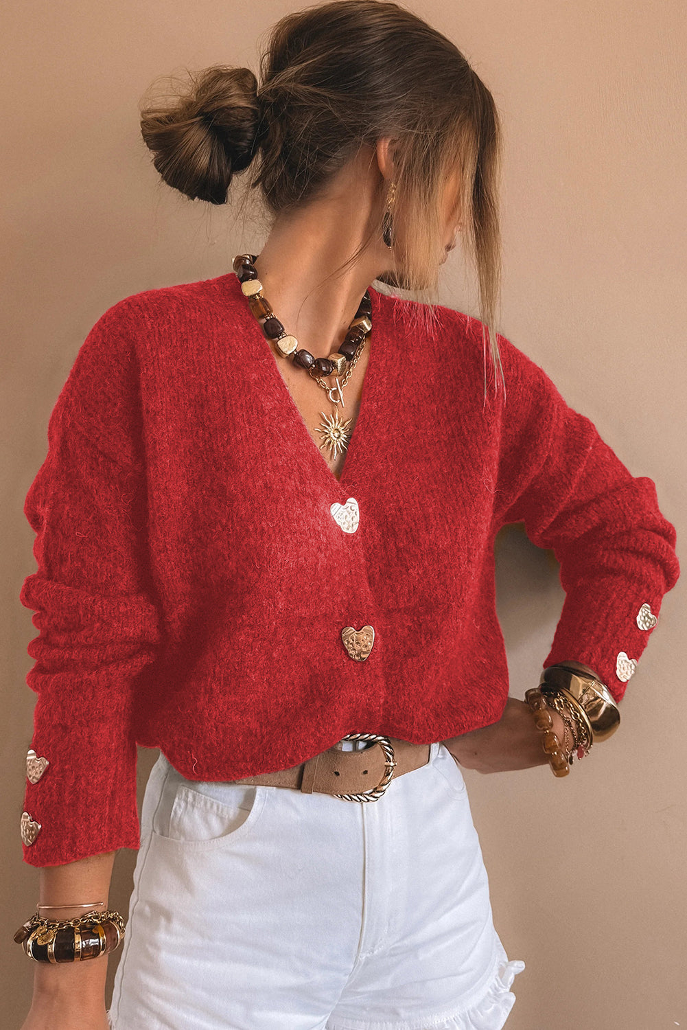 Fiery Red Heart Metal Button V Neck Cardigan Sweater d4d558061c7e6f50