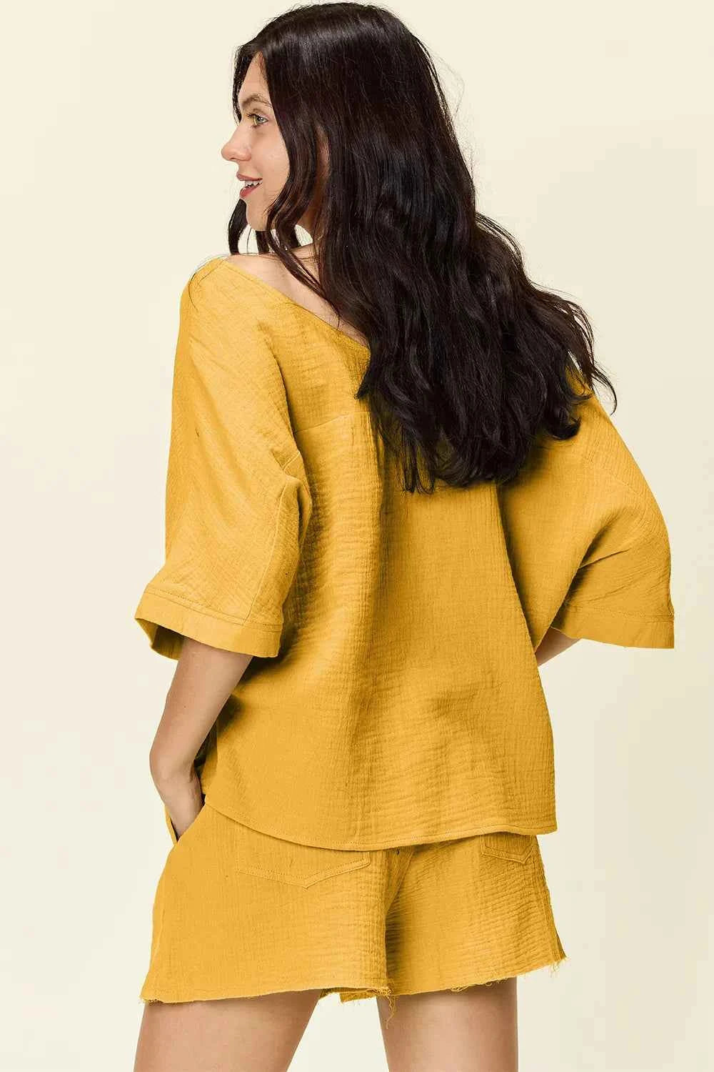 Double Take Texture Half Sleeve T-Shirt and Drawstring Shorts Set d4d6b952-a6b4-46bc-8db9-c97eb1ad90b9-Max