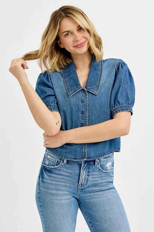 Button Down Puff Sleeve Crop Denim Shirt d4d7790a33684e85b560d322dbb096d9-Max-Origin