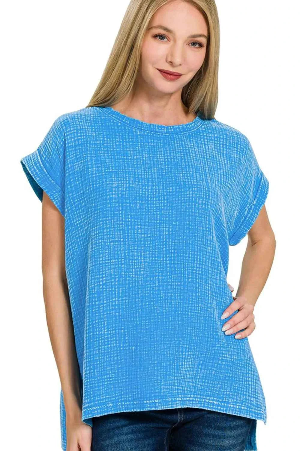 Zenana Woven Double Gauze Acid Washed Short Sleeve Top d4da7e5d-f78f-4df6-9f4d-abed03128657-Max-Origin