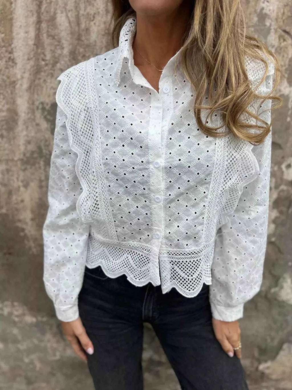 Eyelet Button-Up Shirt with Scalloped Hem d4db539a7feb41e993a604c3019a57b4-Max-Origin