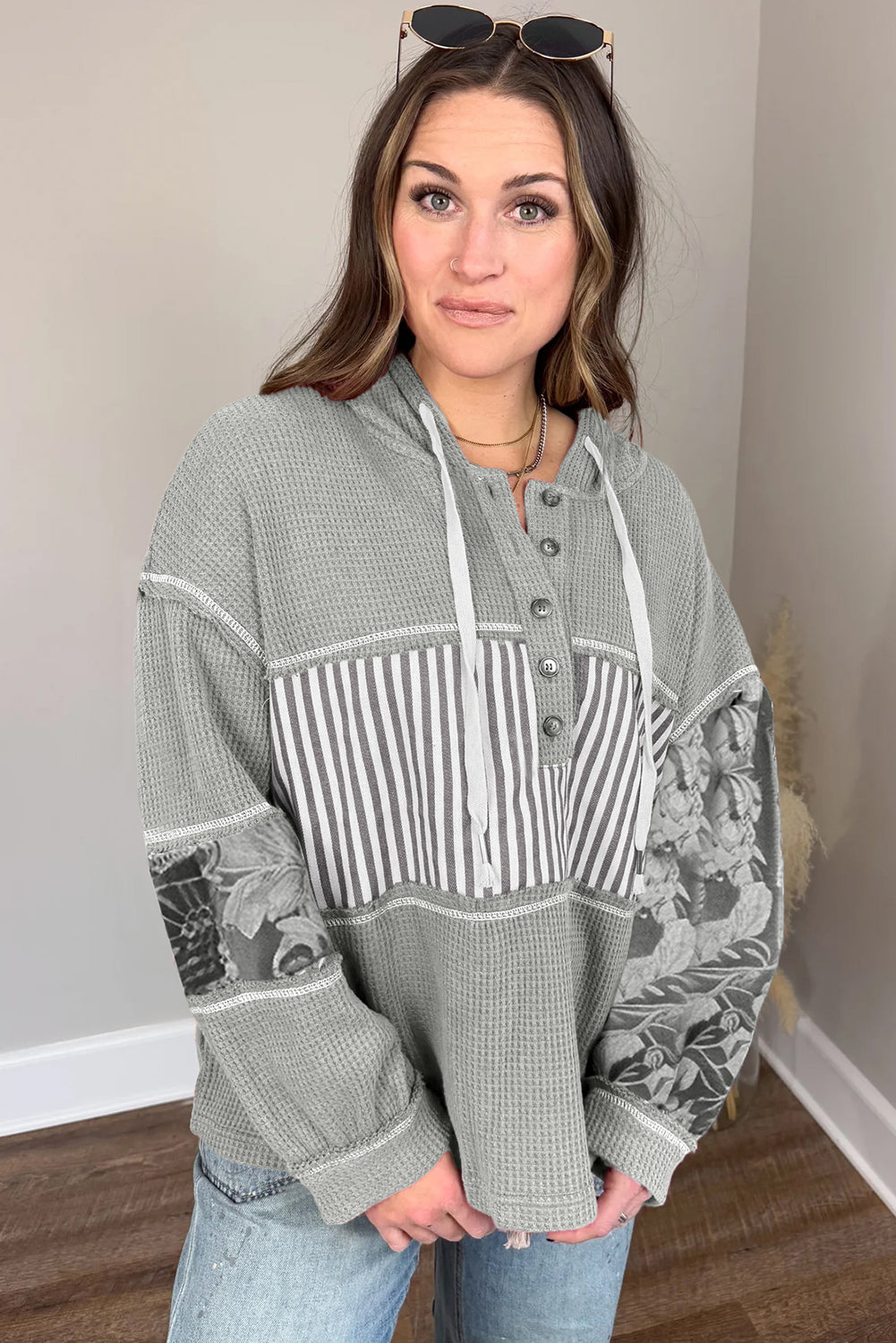Gray Mixed Waffle Knit Patchwork Henley Plus Size Hoodie d4e17dd02dedd548
