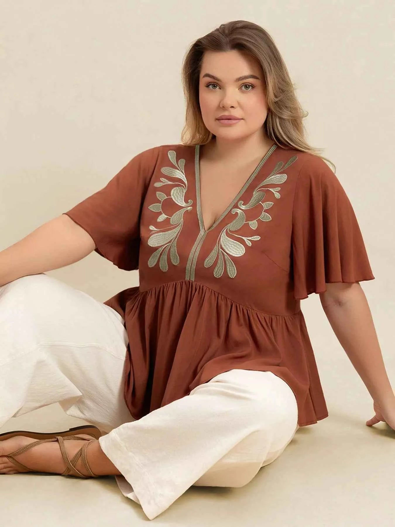 Plus Size Embroidered V-Neck Flutter Sleeve Blouse d4e29813-768a-4d16-9485-499f5cc29783-Max-Origin