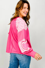 Strawberry Pink Heart Shape Striped Patchwork Long Sleeve Loose Top d4e31ddba0a6248c