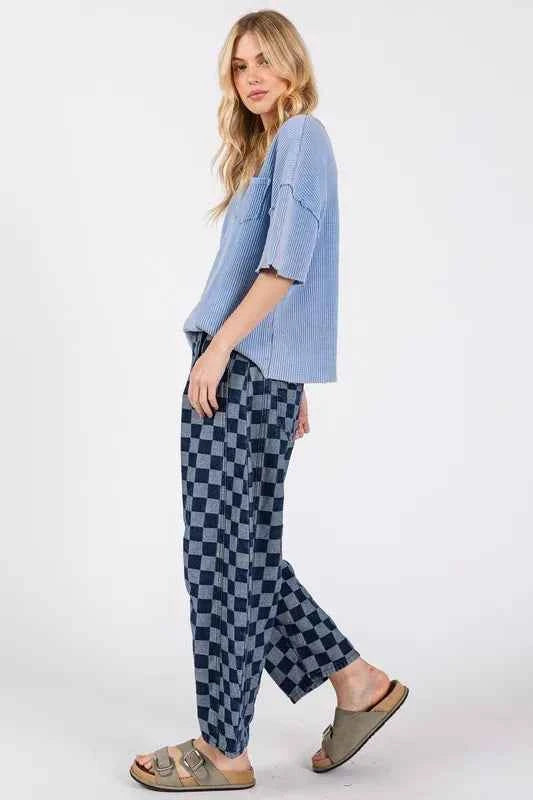 SAGE+FIG Barrel Style Leg Checkered Print Jeans d4e478c2b4304bbea3bf9b97f6876bf6-Max-Origin
