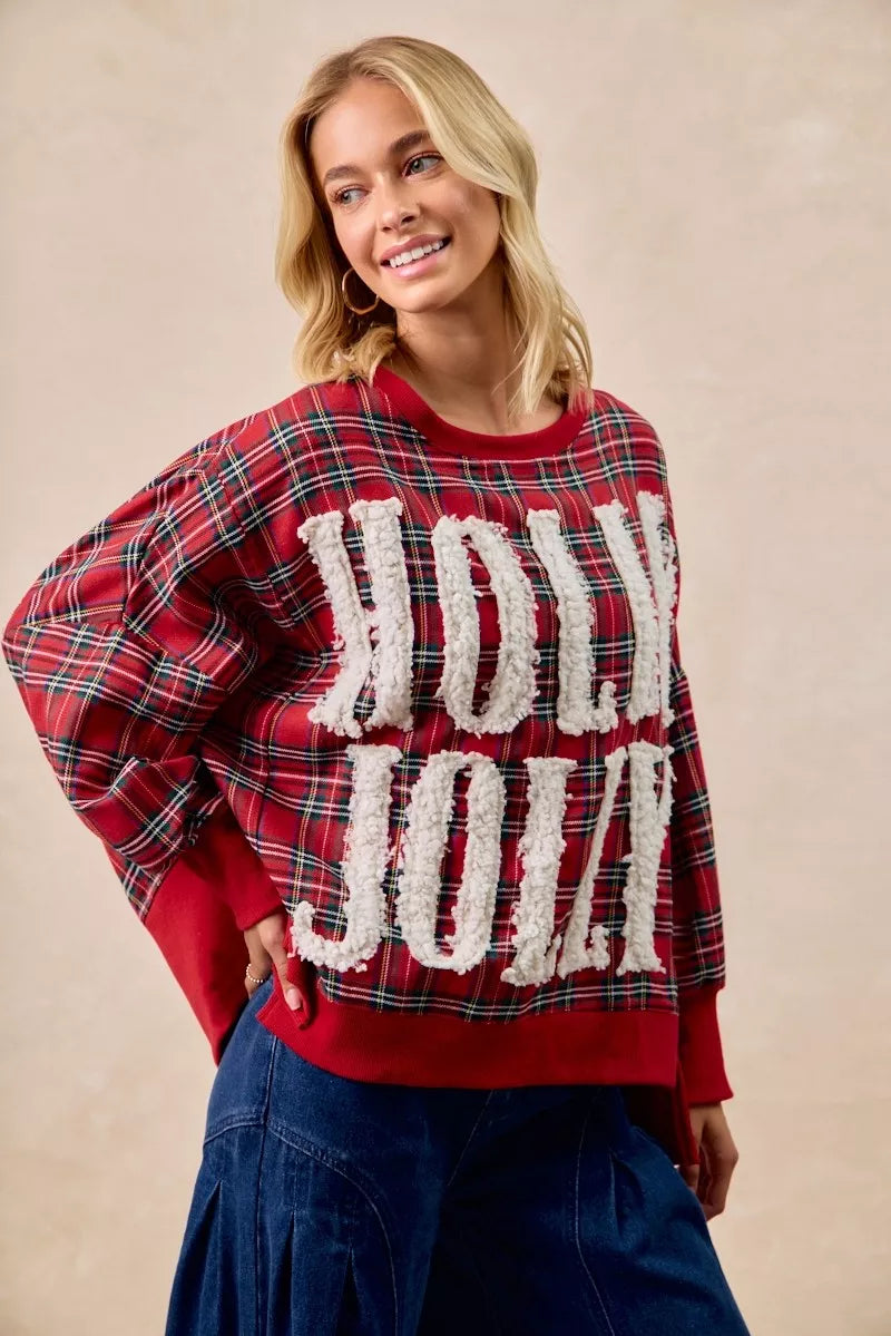 BiBi Holly Jolly Christmas Plaid Oversized Sweatshirt d4e994f74dd1483cb0f11980b0bf6646-Max-Origin