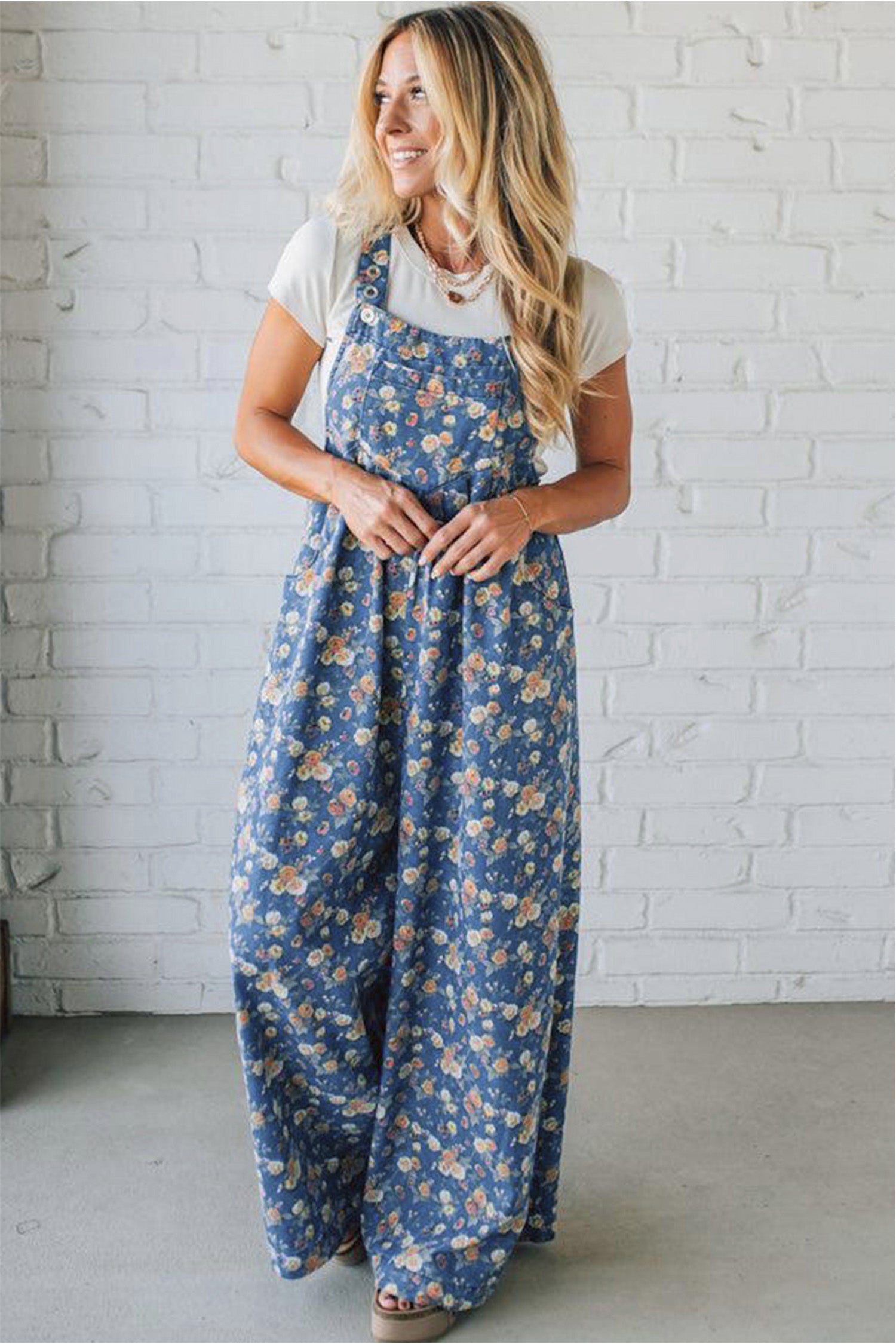 Blue Vintage Rose Printed Pleated Loose Denim Overall Jumpsuit d4ec700f0e680042