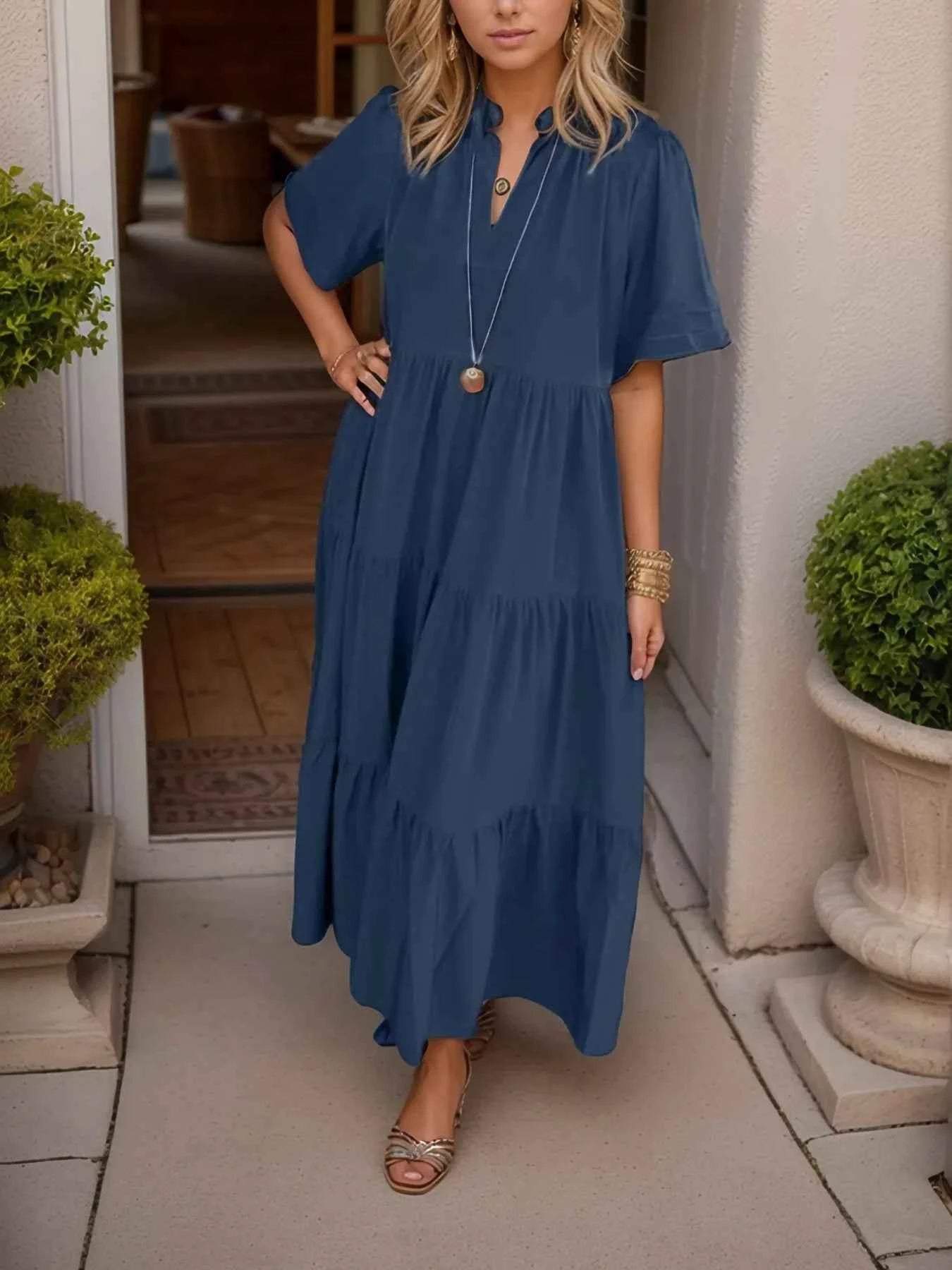 Short Sleeve Tiered Midi Shirt Dress Navy Blue d4f13d16-02b3-4b85-b724-bd4e23aedb87-Max-Origin