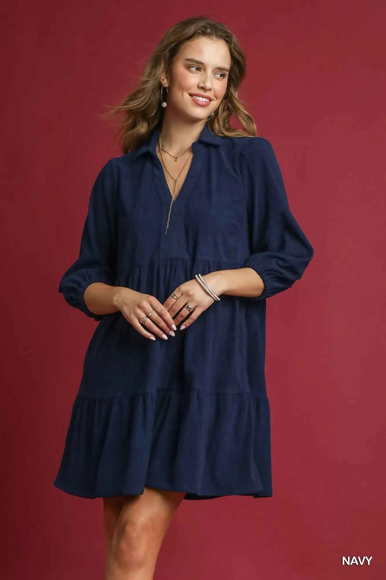 Tiered Corduroy Mini Dress with Balloon Sleeves Navy d4f316c2-489f-44fb-8ab1-d8e82657d4cb-Max-Origin