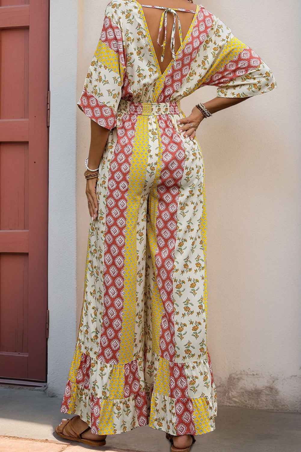 Yellow Boho V Neck Half Sleeve Patchwork Maxi Dress d504b7bc3abe38b7