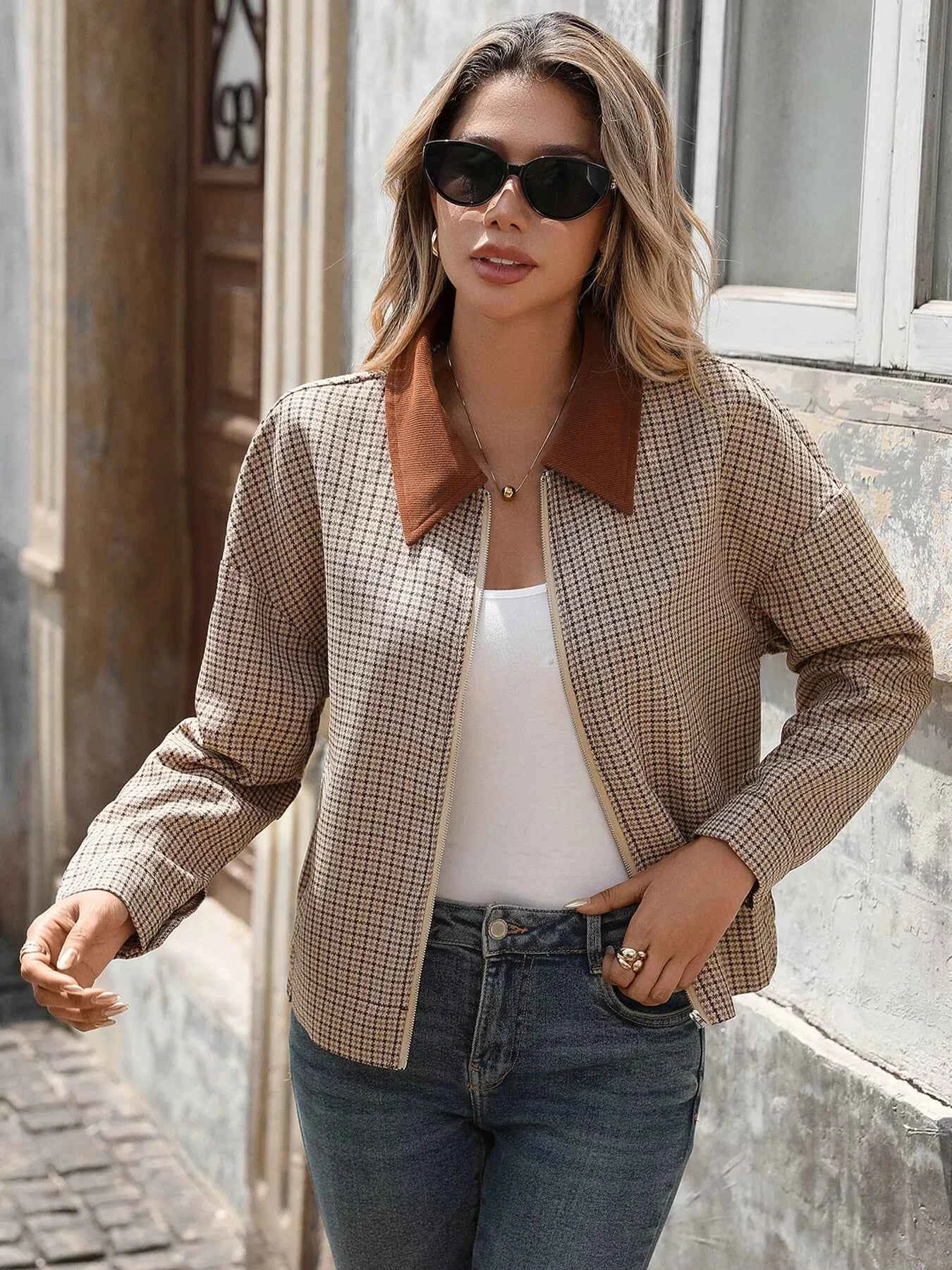 Plaid Zip Up Long Sleeve Jacket Brown d505c38228624e709a34ab6c1b71c2ff-Max-Origin