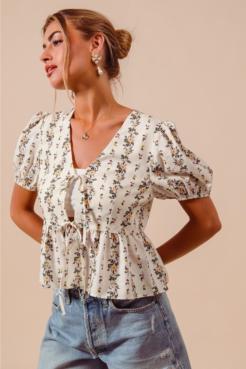 SO ME Floral Print Tie Front Shirred Hem Blouse d50e8375531d4612be4d8d0184914fe8-Max