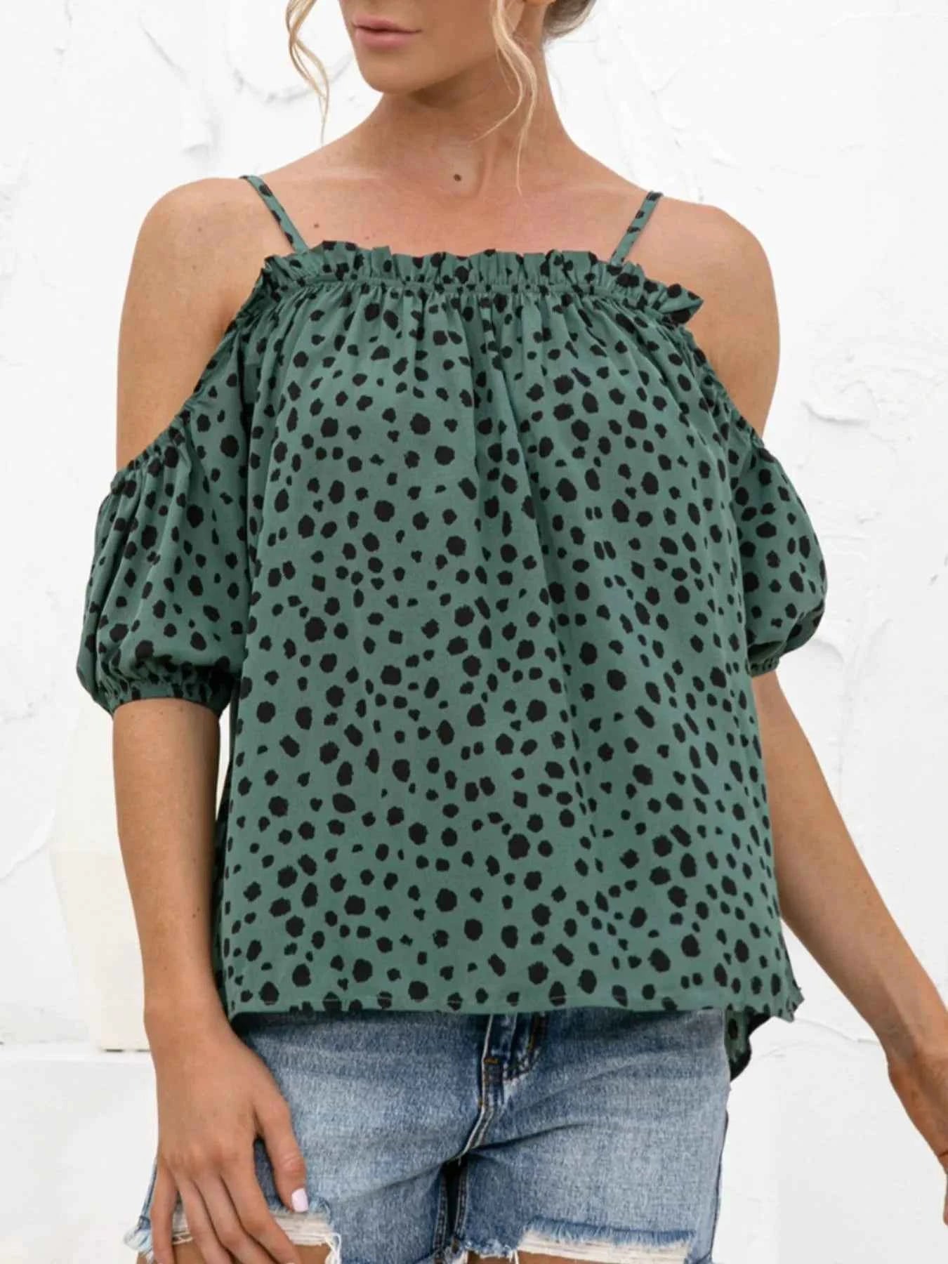 Puff Sleeve Polka Dot Ruffle Cami Top Dark Green d50f70ac-2e04-4d7a-bcba-b554ac69215b-Max-Origin