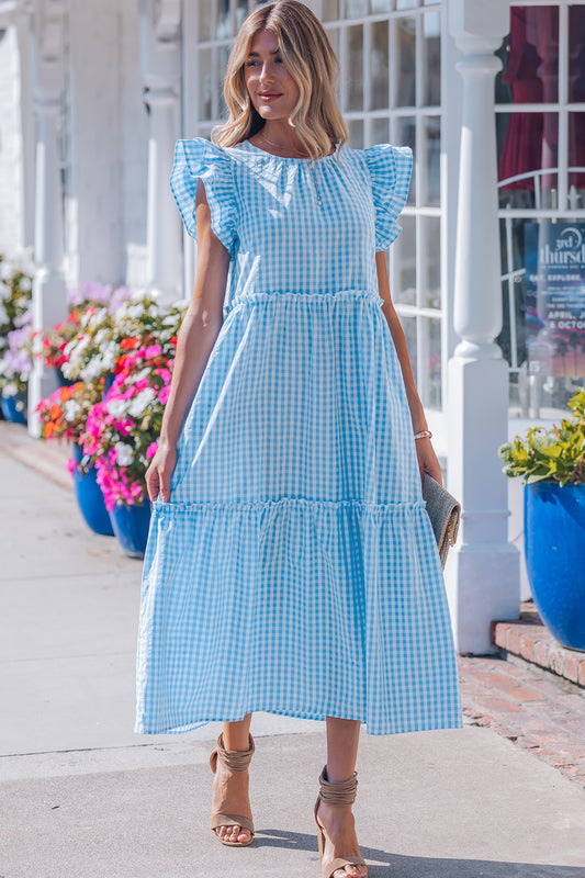 Sky Blue Knot Back Ruffled Short Sleeve Gingham Maxi Dress d50feaf02f89fcf8