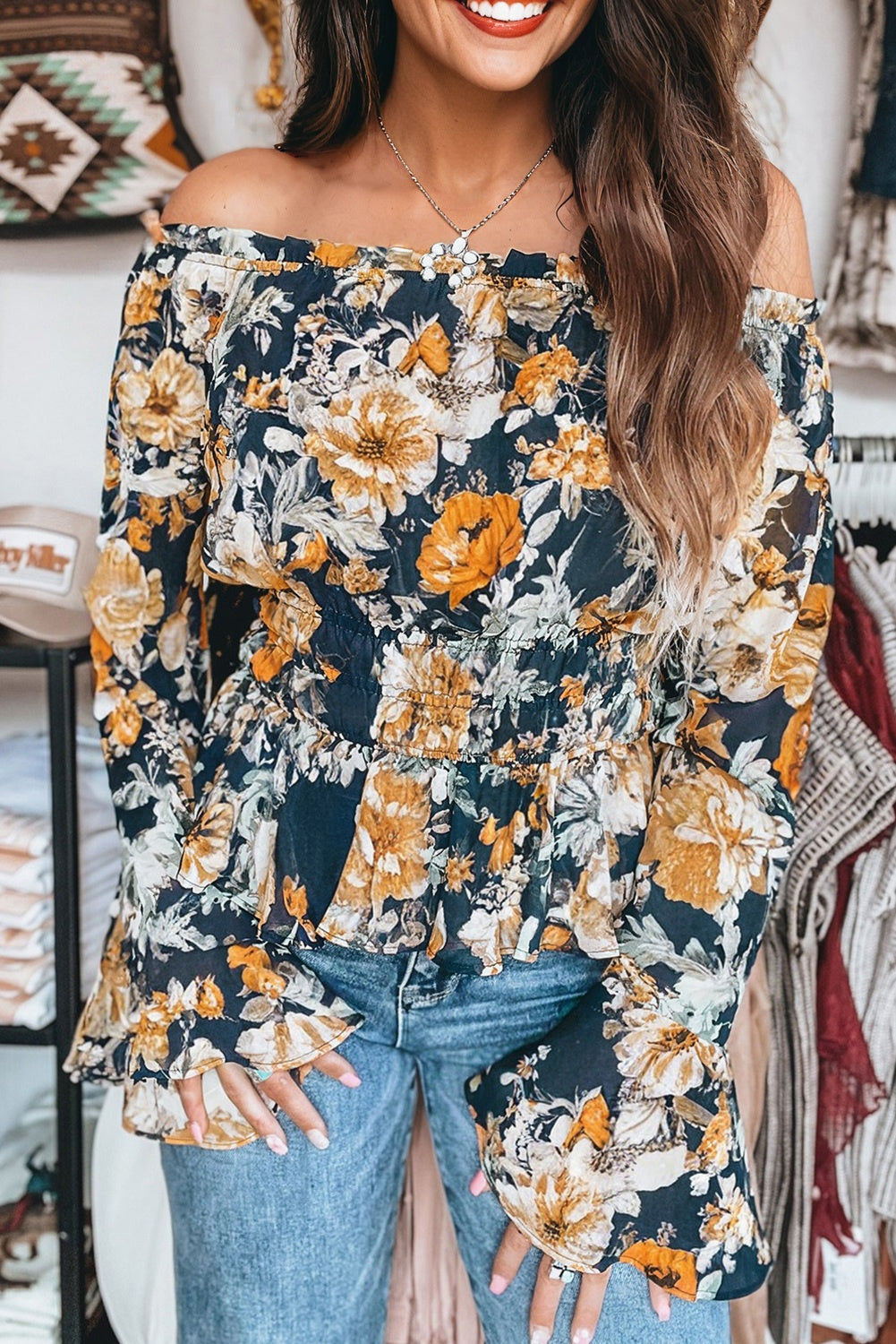 Blue Floral Off Shoulder Bell Sleeve Smocked Peplum Top d513ee6cba623a62